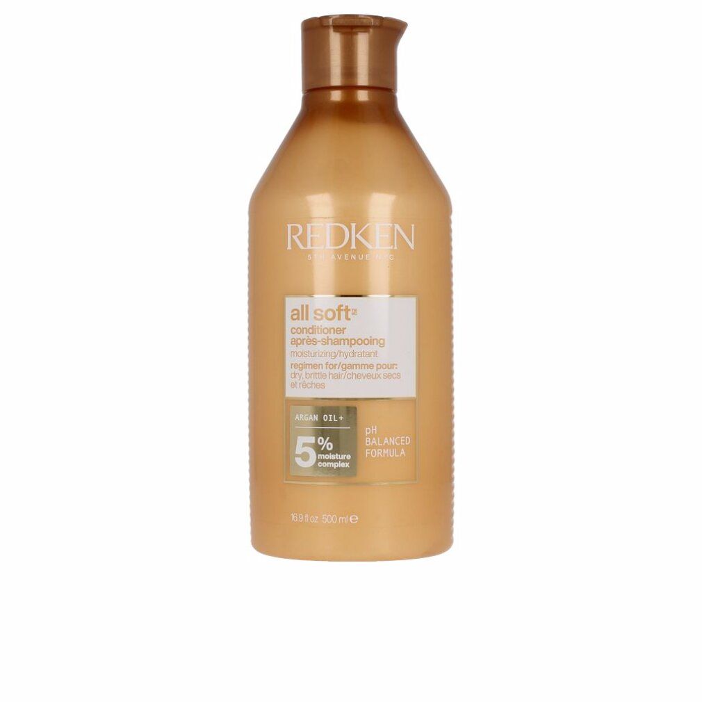 Flacone dorato di balsamo. Scritte: Redken, All Soft. Contiene olio di argan e complesso idratante al 5%. pH bilanciato.