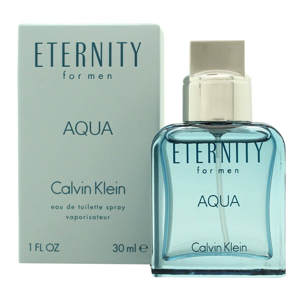 Flacone e scatola di profumo azzurro chiaro. Scritta: ETERNITY for men AQUA, Calvin Klein. 30 ml, 1 FL OZ.