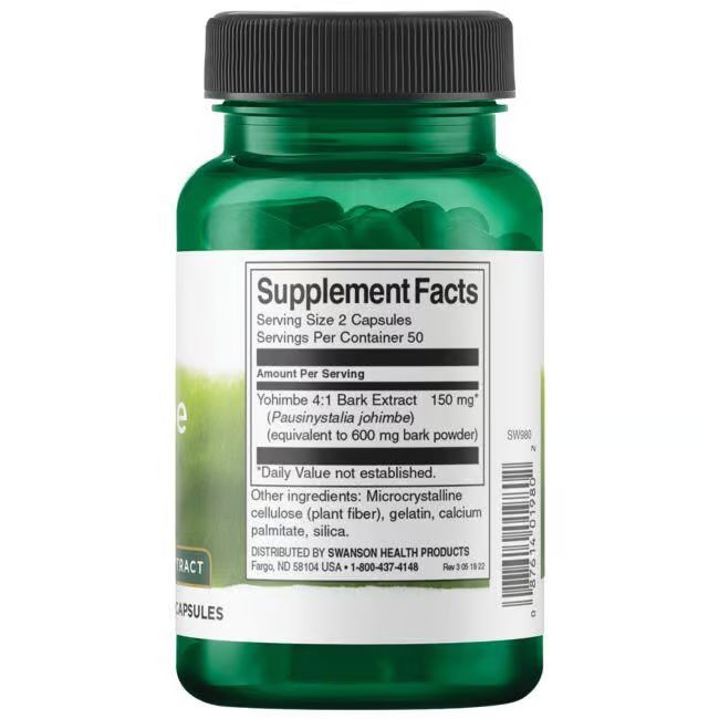 Retro del flacone verde. Scritta: Supplement Facts, Yohimbe 4:1 Bark Extract, 150 mg, 50 porzioni.