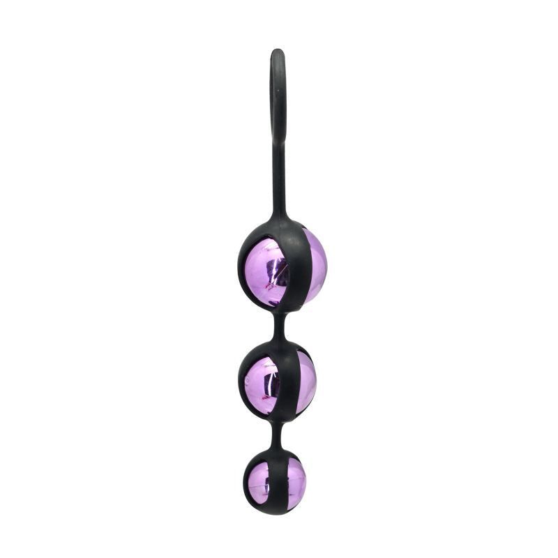 Tre sfere collegate con silicone nero. Le sfere sono viola.