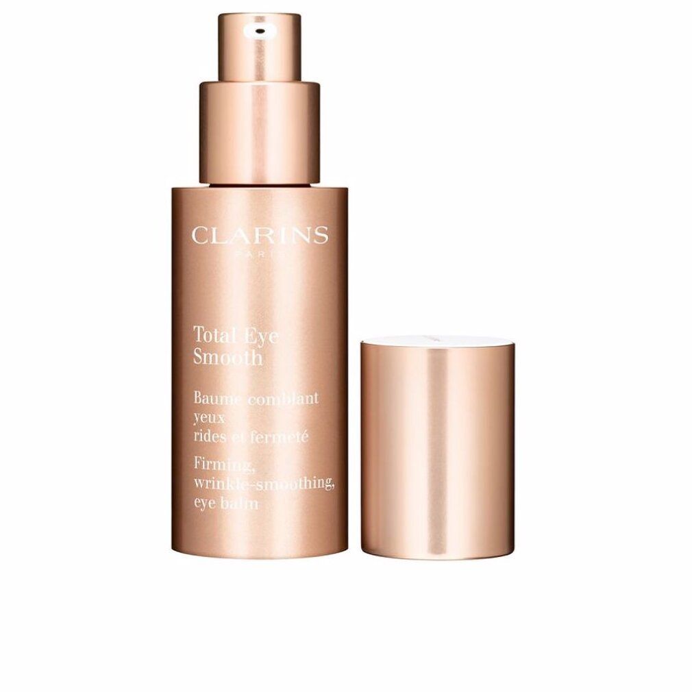 Flacone di crema occhi CLARINS Total Eye Smooth. Cilindrico, oro rosa, con pompa e tappo. Testo: CLARINS, Total Eye Smooth.
