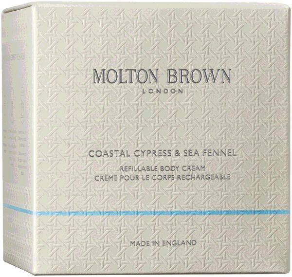 Scatola di cartone beige goffrata. Logo Molton Brown, nome del prodotto e testo. Linea blu in basso. Made in England.