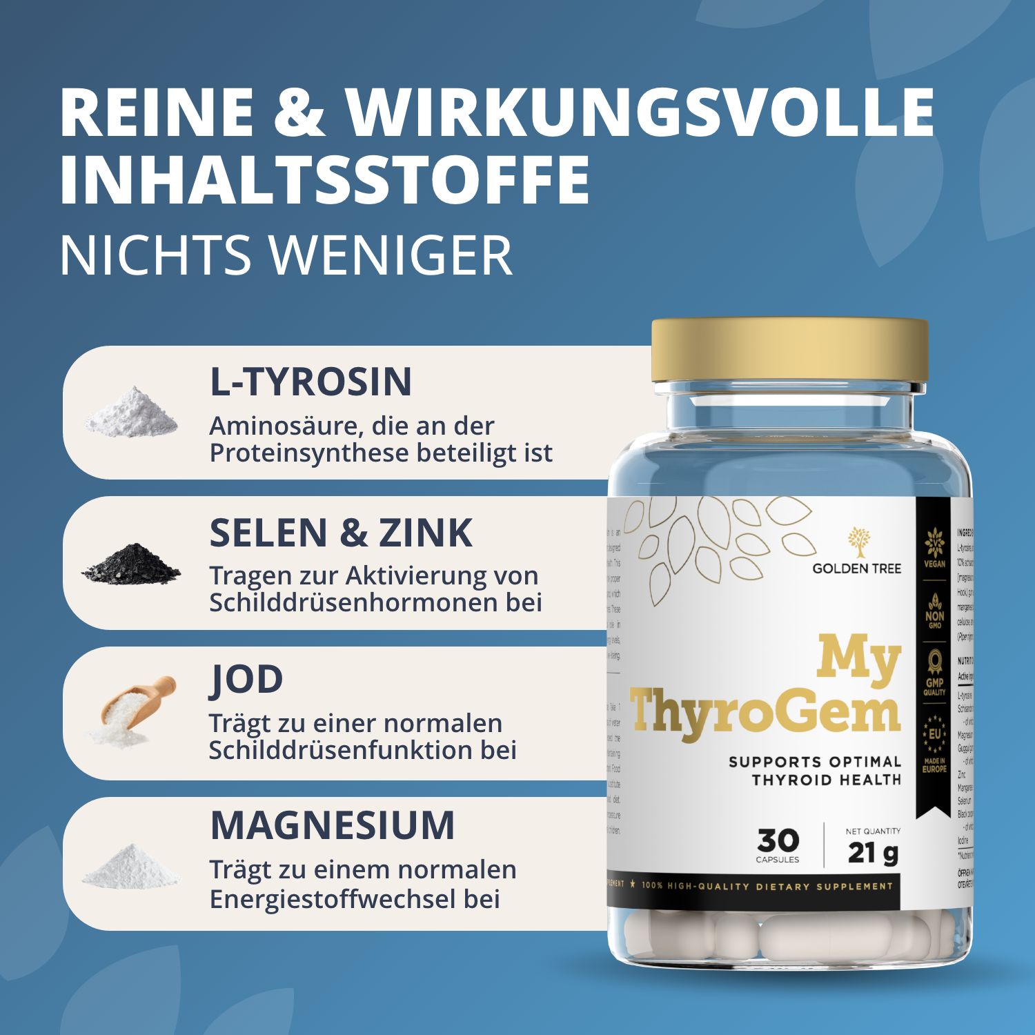 Barattolo di 30 capsule Golden Tree My ThyroGem, 21g. A sinistra: L-Tirosina, Selenio & Zinco, Iodio, Magnesio.