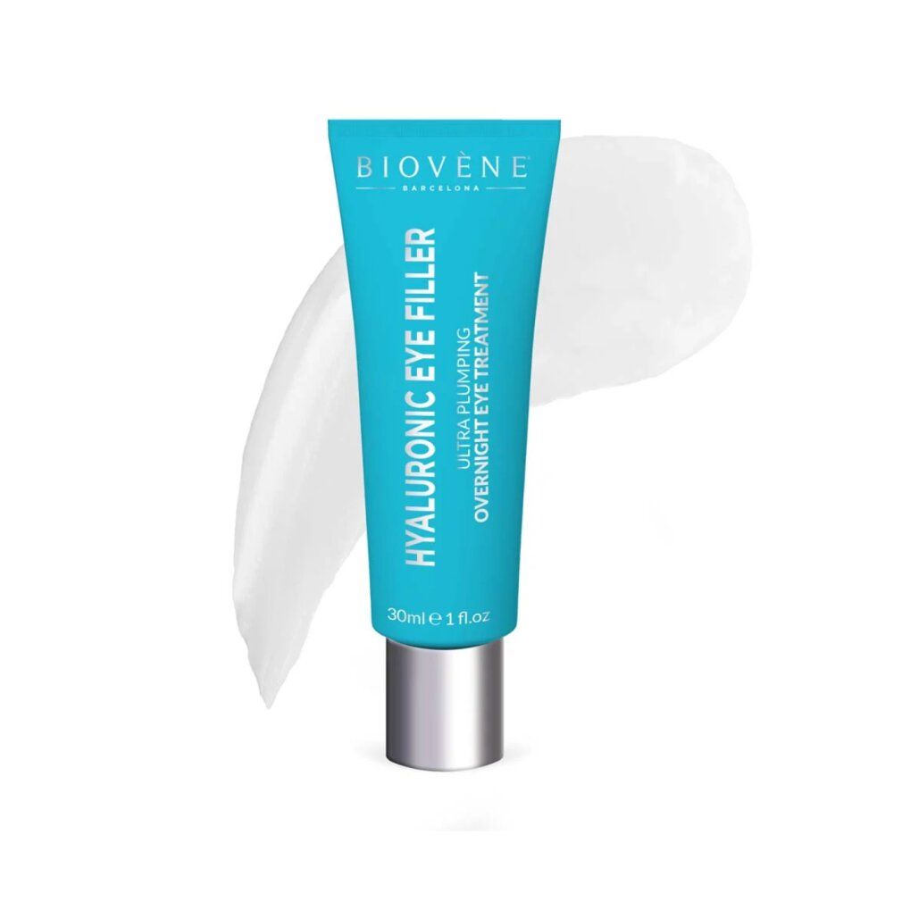 Tubo Biovene Hyaluronic Eye Filler con campione di prodotto bianco. Trattamento contorno occhi ultra-rimpolpante notturno.