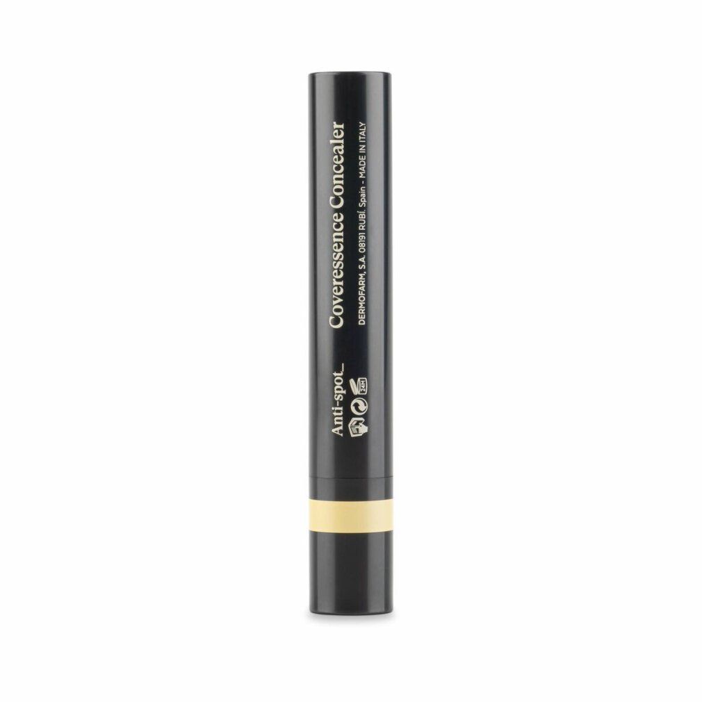 Correttore in stick. Stick nero con punta beige. Sullo stick c'è scritto "Coveressence Concealer" e "Anti-spot".