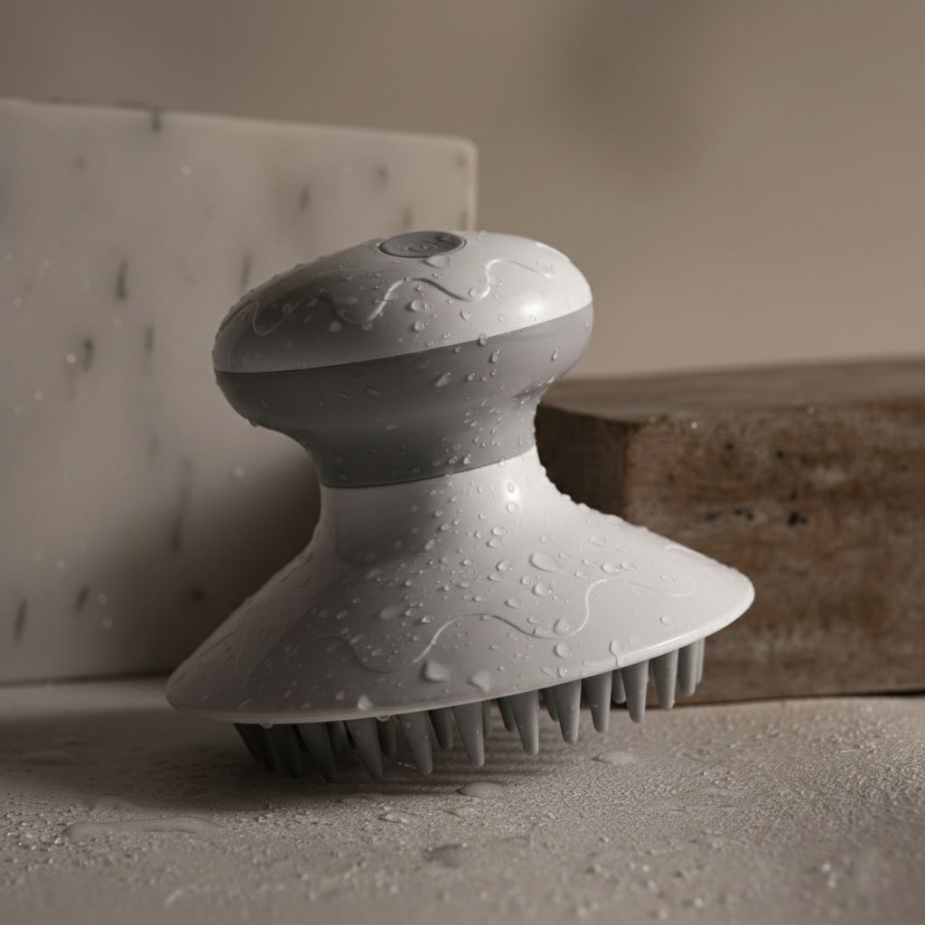 Massaggiatore elettronico per cuoio capelluto bianco e grigio, bagnato.