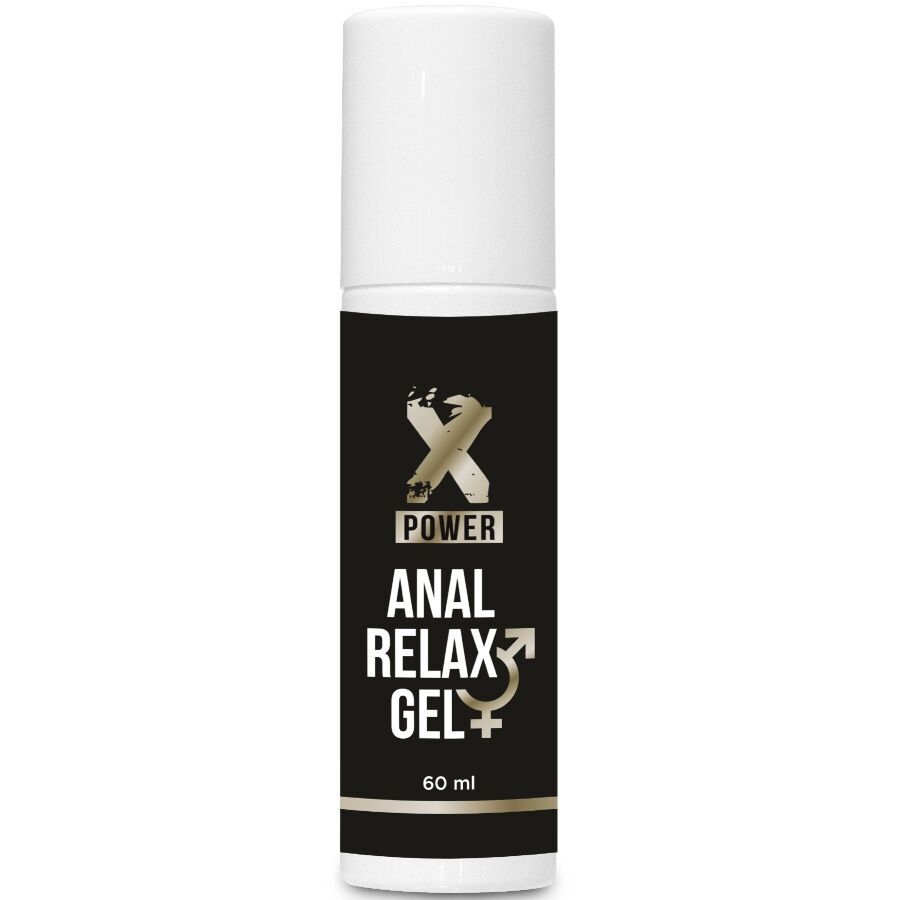 Flacone di gel rilassante anale con erogatore bianco e etichetta nera.