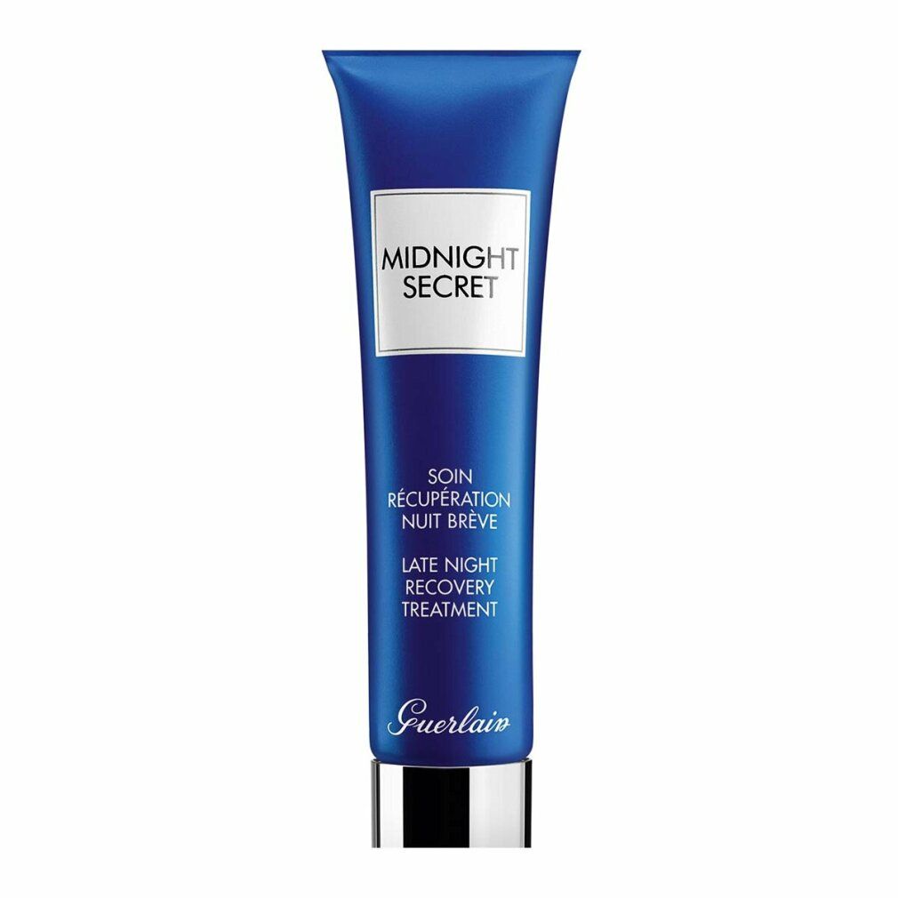 Tubo blu con etichetta bianca. Scritte: MIDNIGHT SECRET, SOIN RÉCUPÉRATION NUIT BRÈVE, LATE NIGHT RECOVERY TREATMENT. Chiusura argentata.