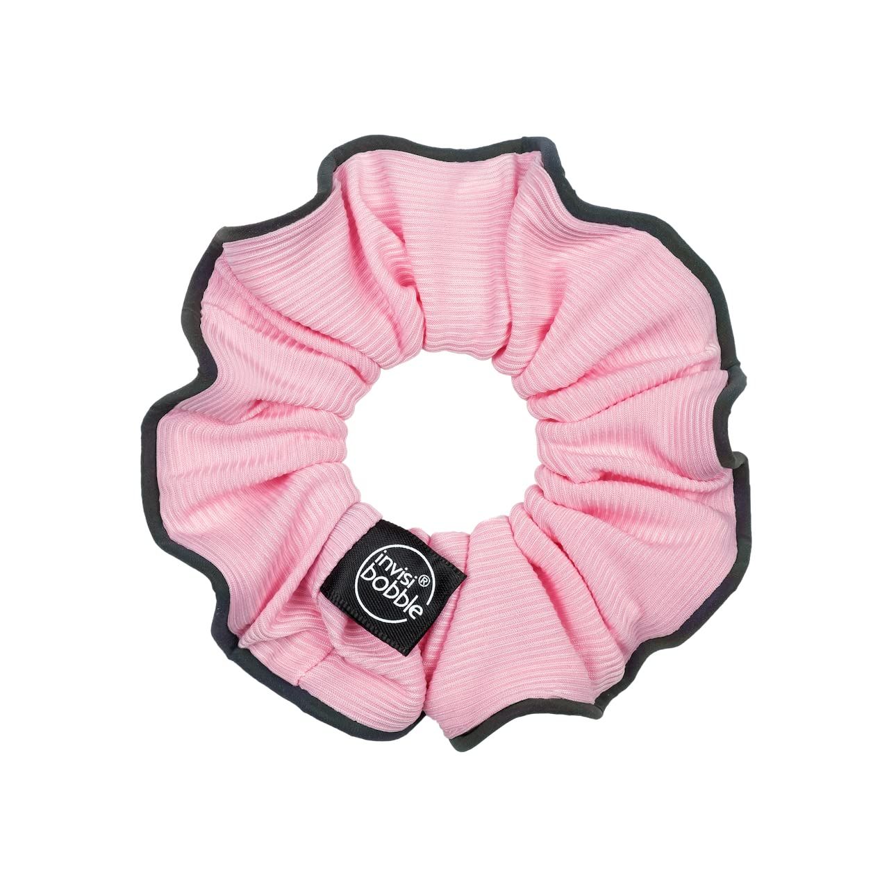 Scrunchie rosa con bordo grigio e logo del marchio. Materiale a coste.