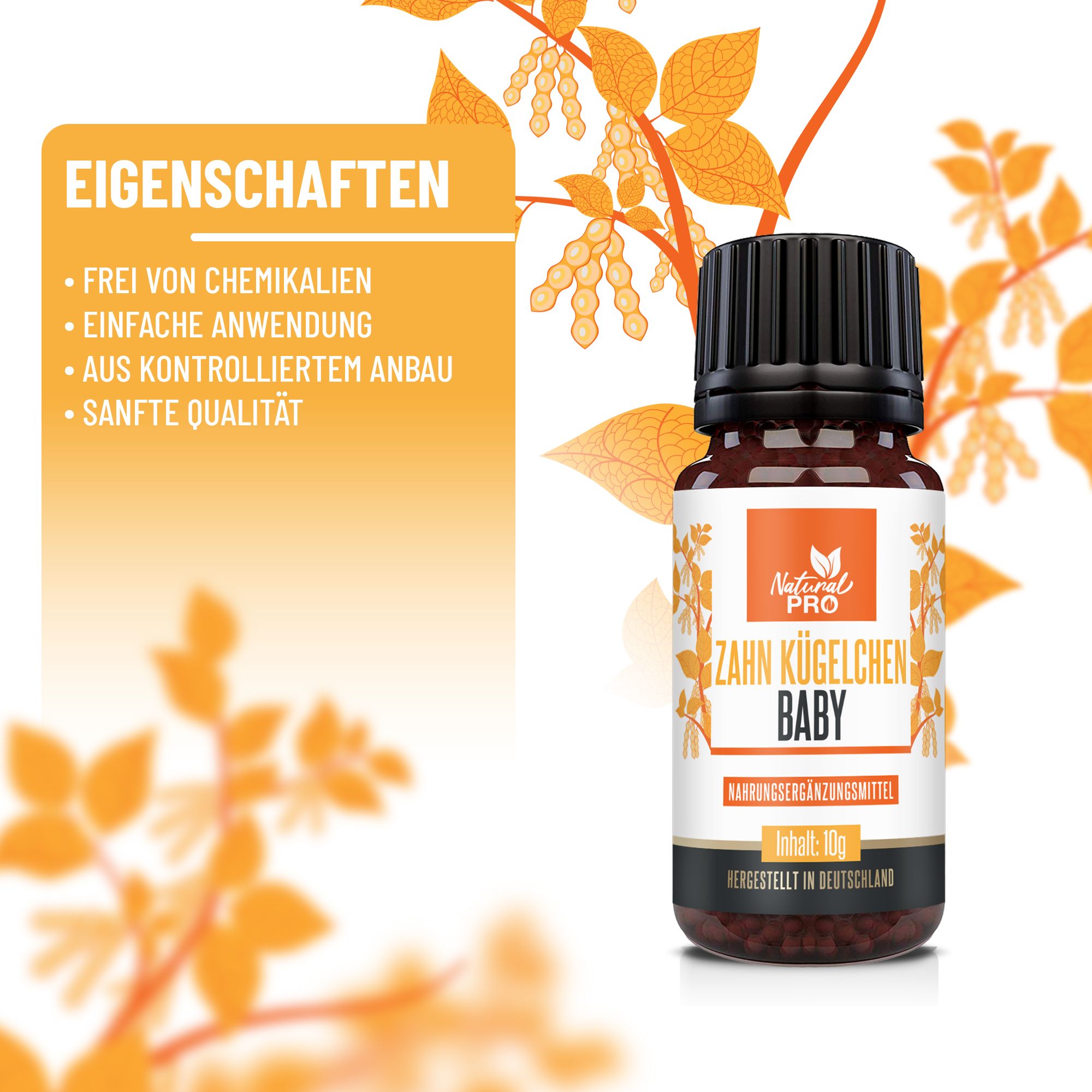 Flacone di vetro marrone con tappo nero. Etichetta con nome del prodotto: Zahn Kügelchen Baby. Le caratteristiche del prodotto sono elencate.