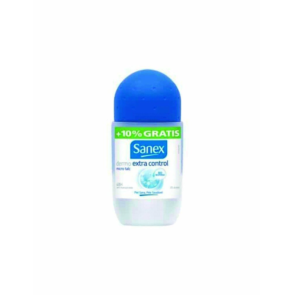 Roll-on Sanex Dermo Extra Control. Tappo blu, flacone bianco. Testo: Extra Control, +10% Gratis.