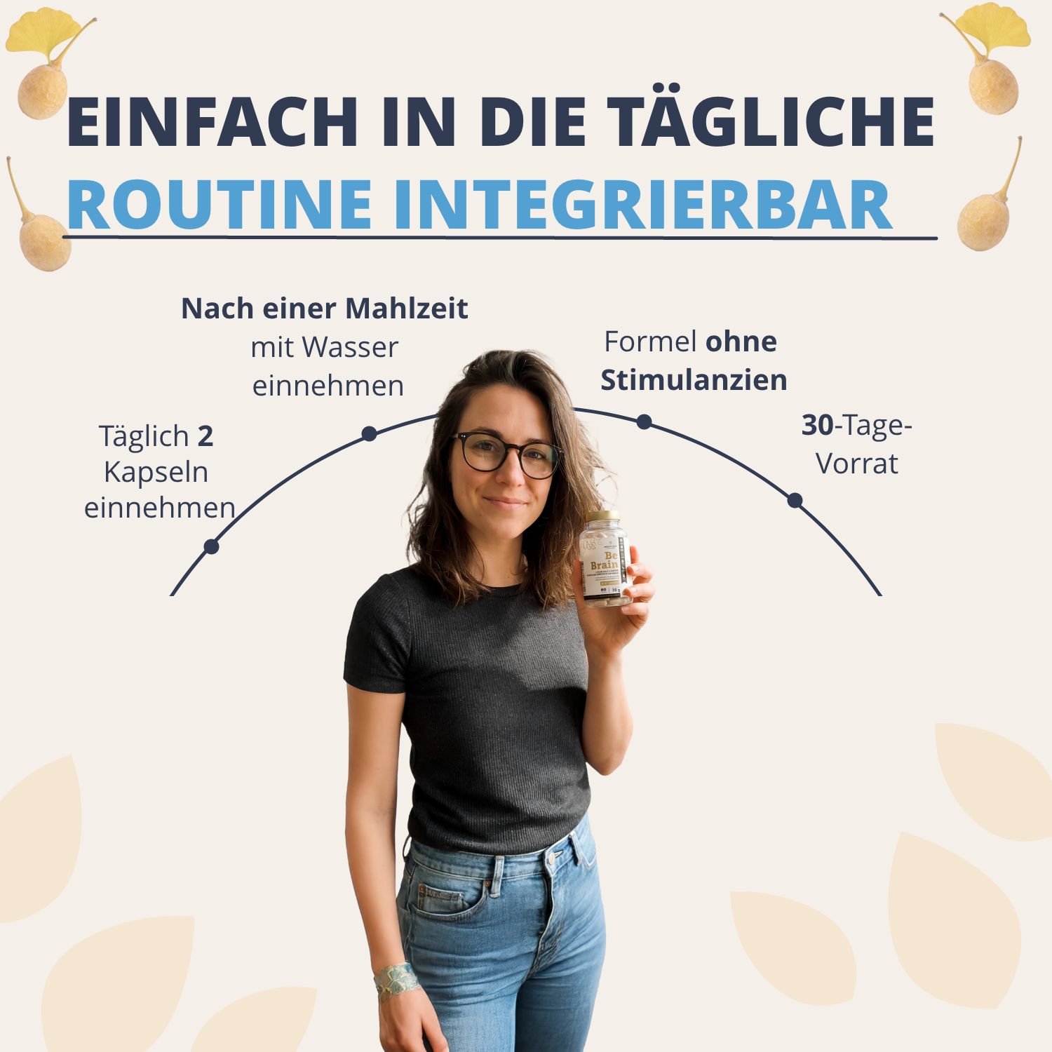 Donna che tiene una bottiglia di Golden Tree Be Brain. Infografica che mostra l'assunzione giornaliera e la scorta di 30 giorni.