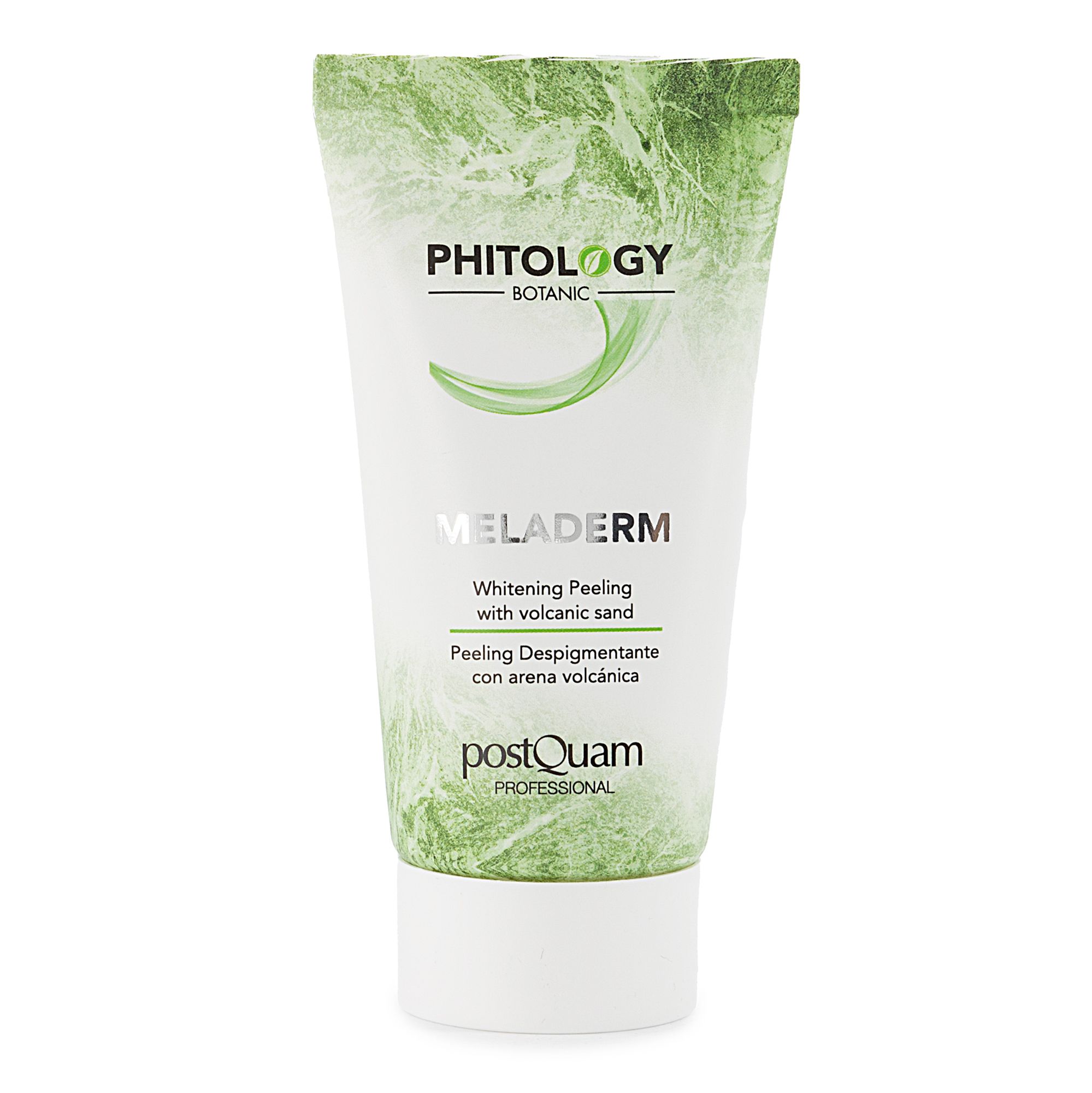 Tubo bianco con stampa verde. Testo: PHITOLOGY BOTANIC, MELADERM, Whitening Peeling with volcanic sand, postQuam PROFESSIONAL.