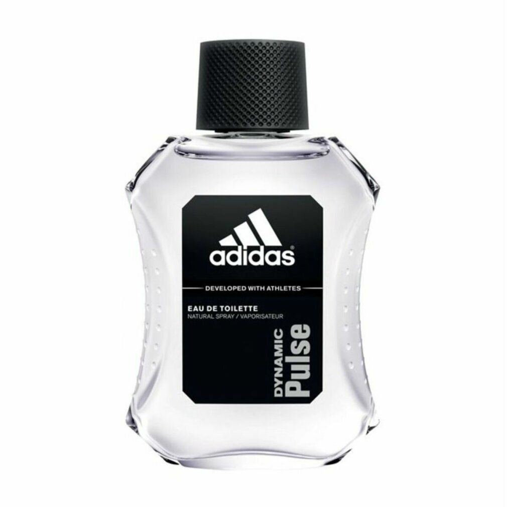 Adidas Dynamic Pulse Eau de Toilette. Flacone trasparente con tappo nero. Etichetta nera con logo e nome del prodotto.