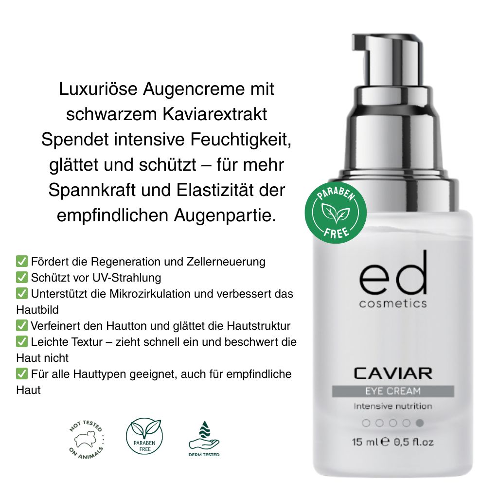 Flacone di crema occhi con erogatore argentato. Testo: ED cosmetics, Caviar Eye Cream, 15 ml. Loghi verdi.