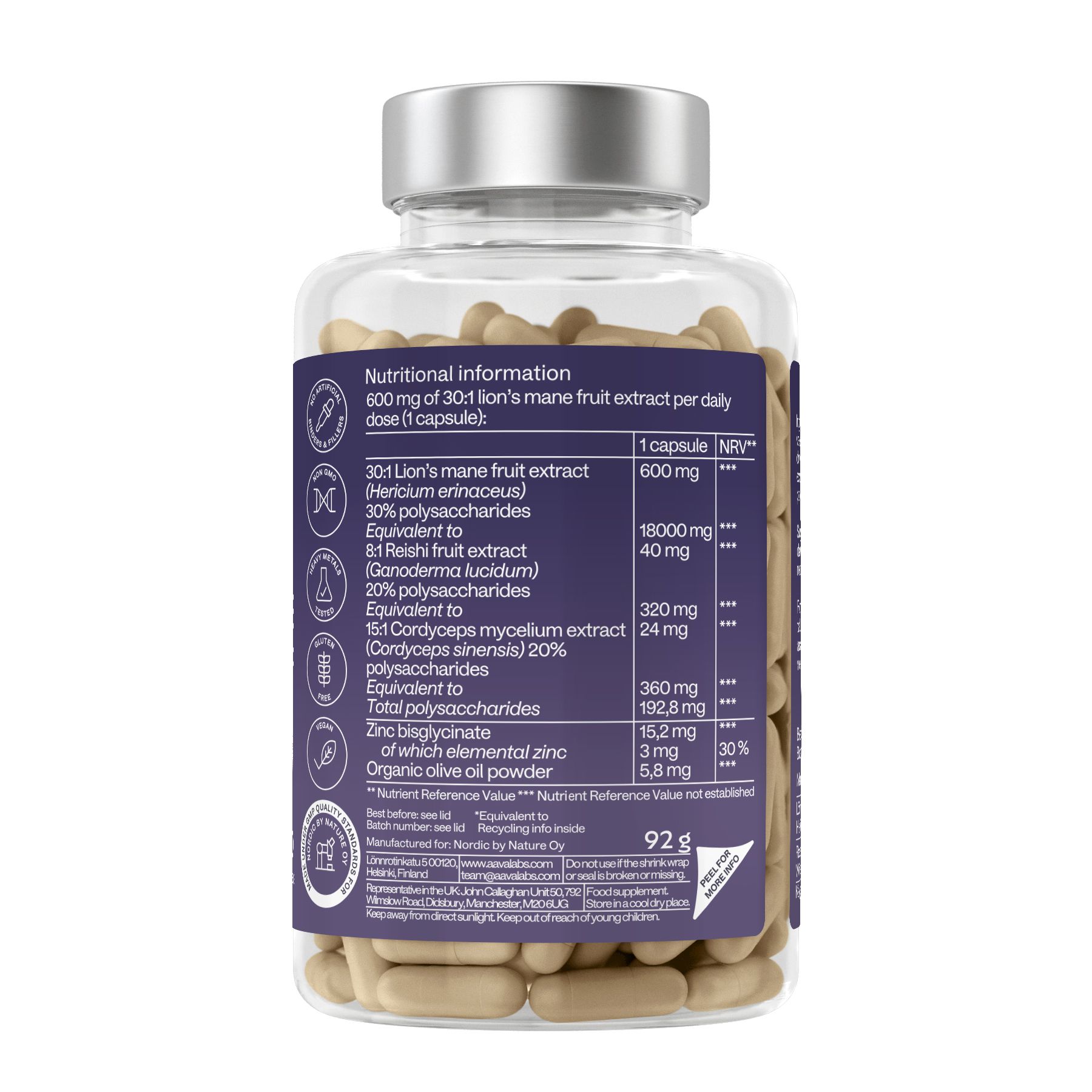 Retro del flacone di capsule. Sono elencate le informazioni nutrizionali e gli ingredienti.