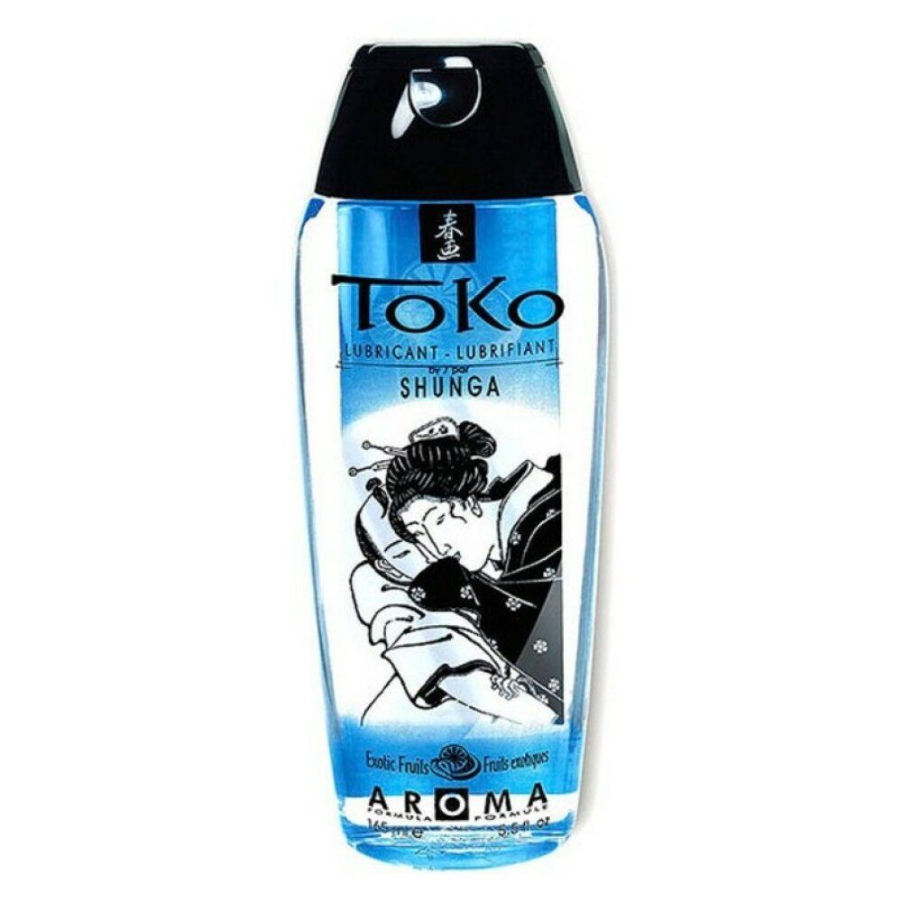 Lubrificante liquido in flacone con tappo nero. Scritta: Toko, Shunga, Aroma Exotic Fruits. Illustrazione: donna.