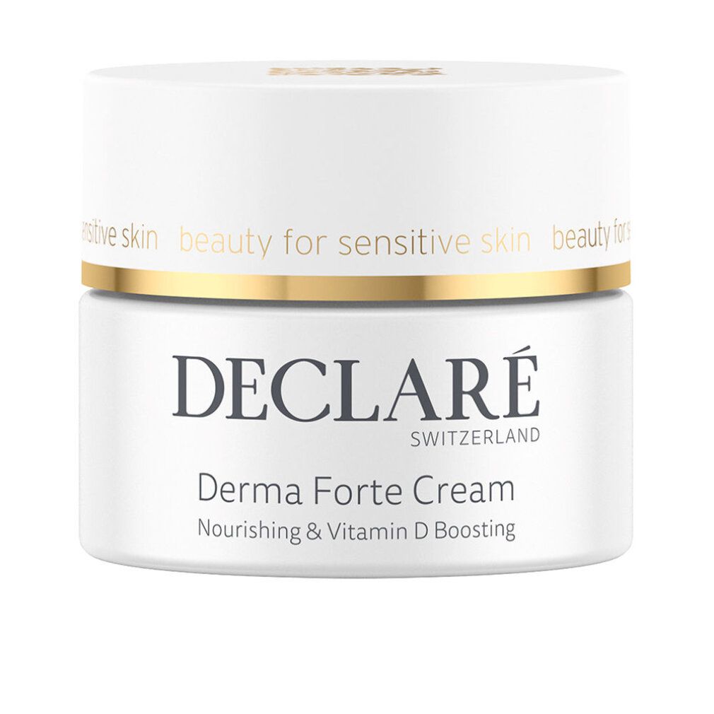 Vasetto bianco con coperchio dorato. Scritte: DECLARÉ SWITZERLAND, Derma Forte Cream, Nourishing & Vitamin D Boosting.