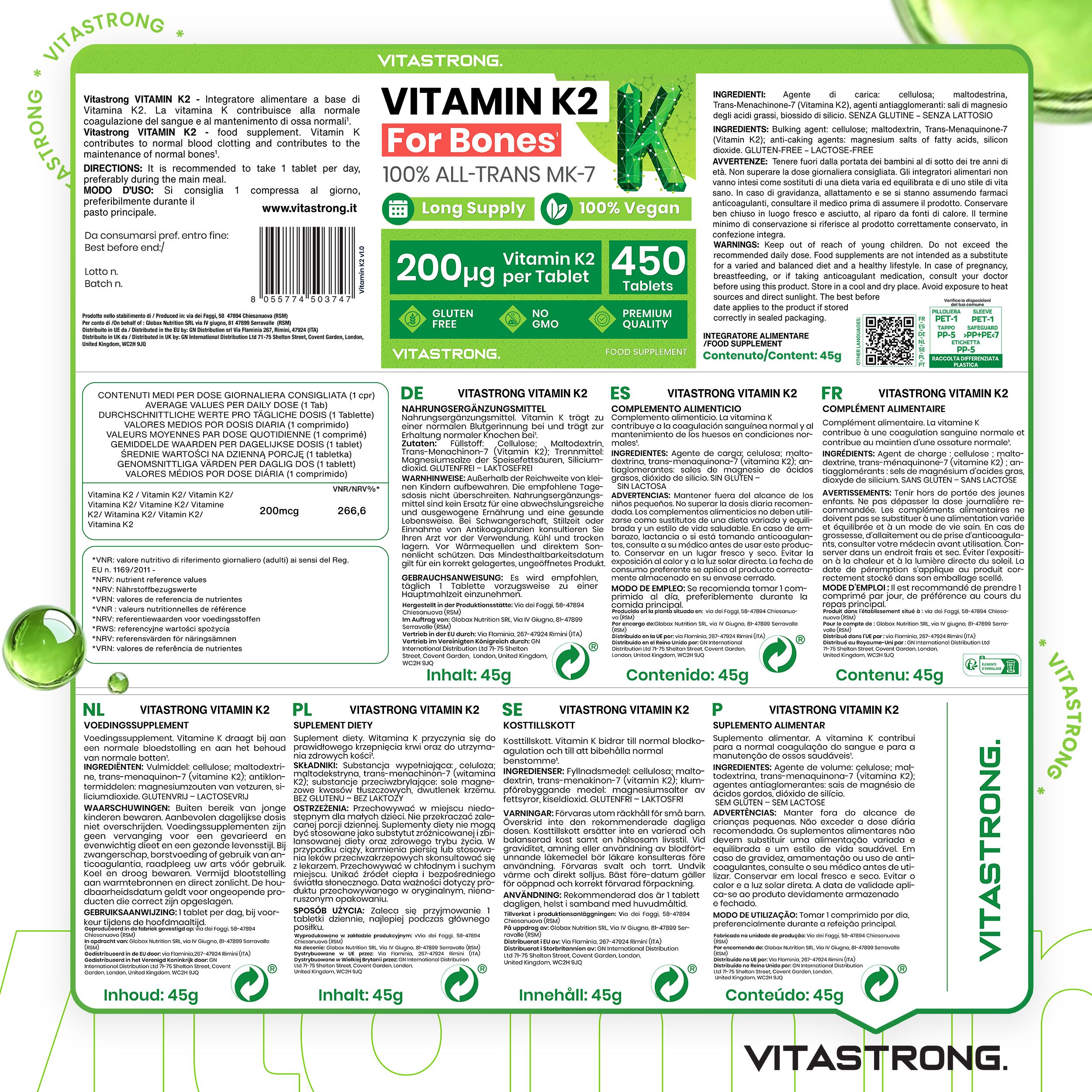 Retro della confezione di Vitamina K2. Testo multilingue. Ingredienti, istruzioni, informazioni nutrizionali.