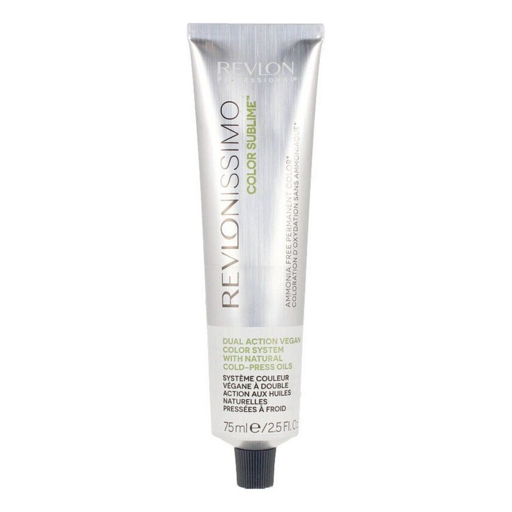 Tubo argentato con tappo nero. Scritta: Revlonissimo Color Sublime. Testo verde e bianco. 75ml/2.5 fl.oz.