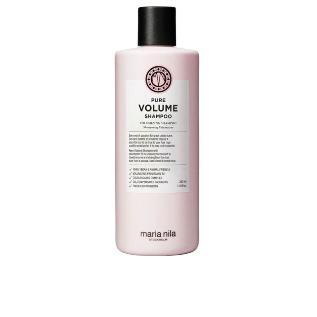 Flacone di shampoo rosa con tappo nero. Etichetta con testo: Pure Volume Shampoo. Marchio: Maria Nila. Vegano e cruelty-free.