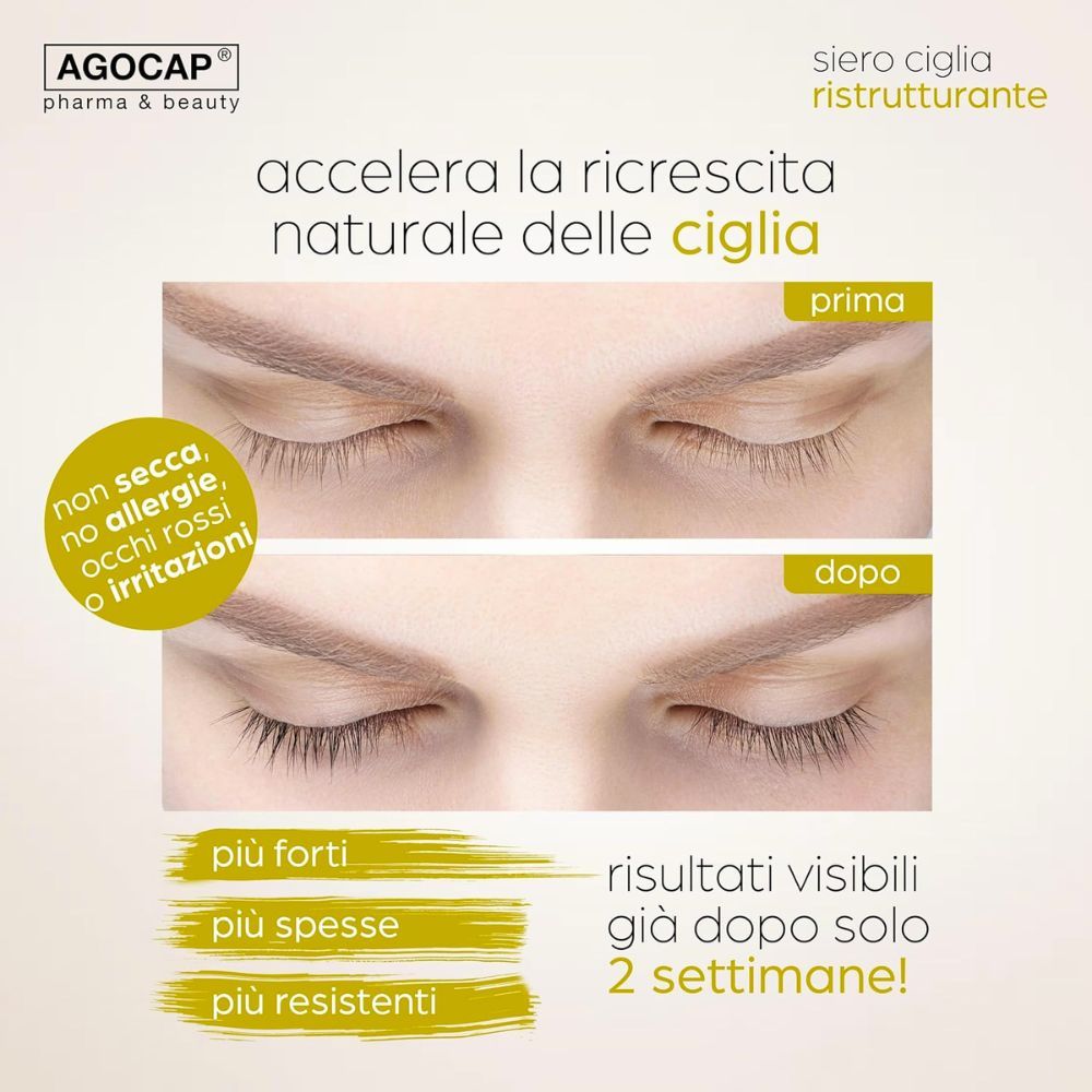 Confronto prima-dopo delle ciglia. Testo: descrive i risultati dopo 2 settimane. Logo Agocap e nome del prodotto.