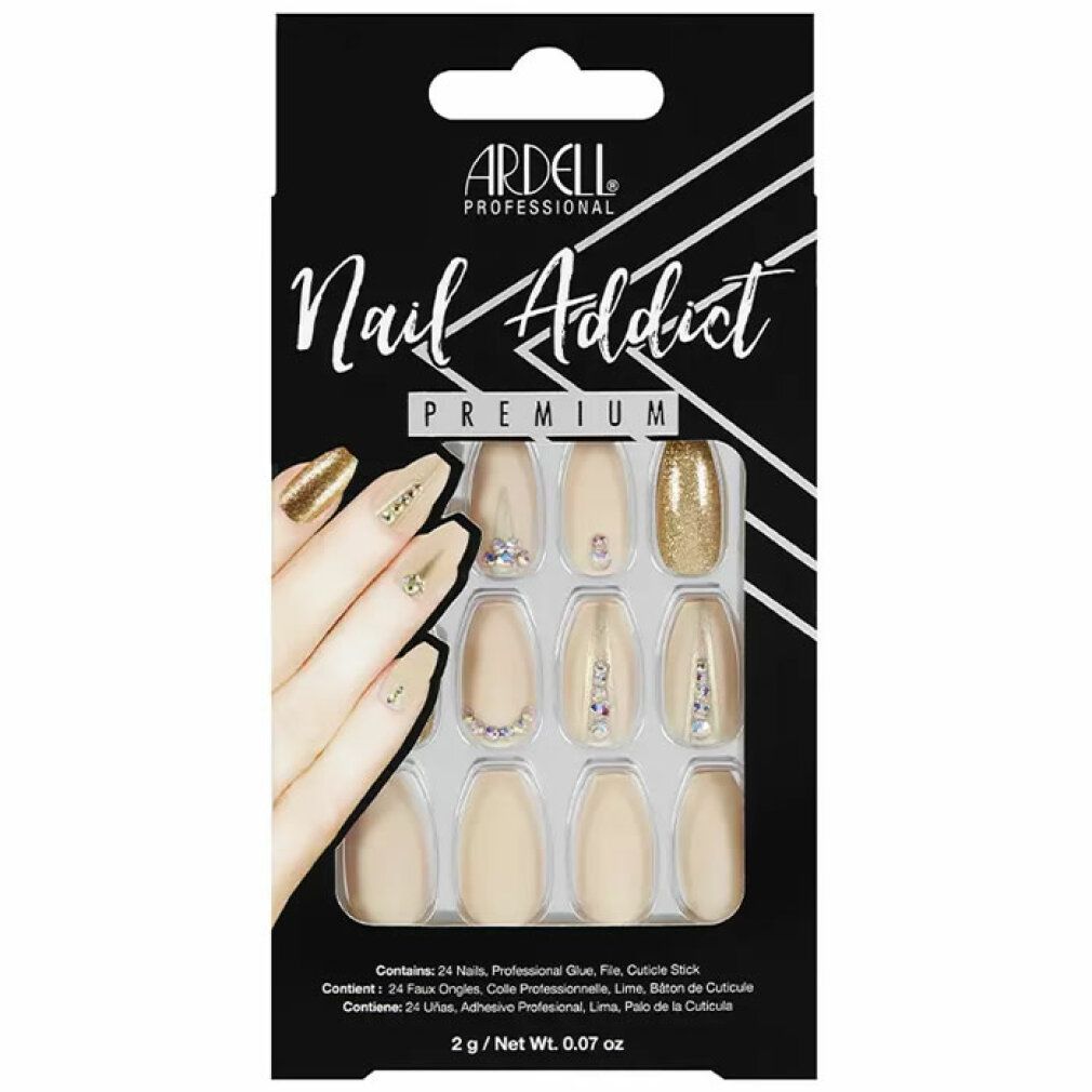 Unghie finte Ardell Nail Addict Premium. Unghie beige e dorate con gioielli. Confezione nera con nome del prodotto.