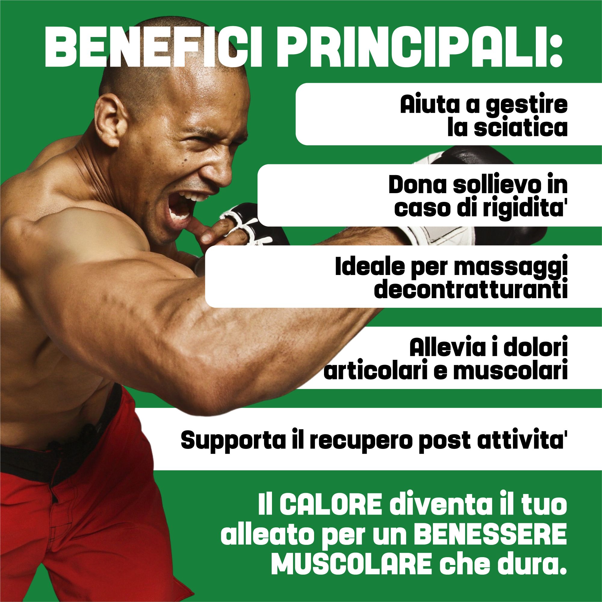 Uomo muscoloso che urla. Testo: «Benefici principali» e vantaggi. Testo: «Il calore diventa il tuo alleato per un benessere muscolare che dura.»