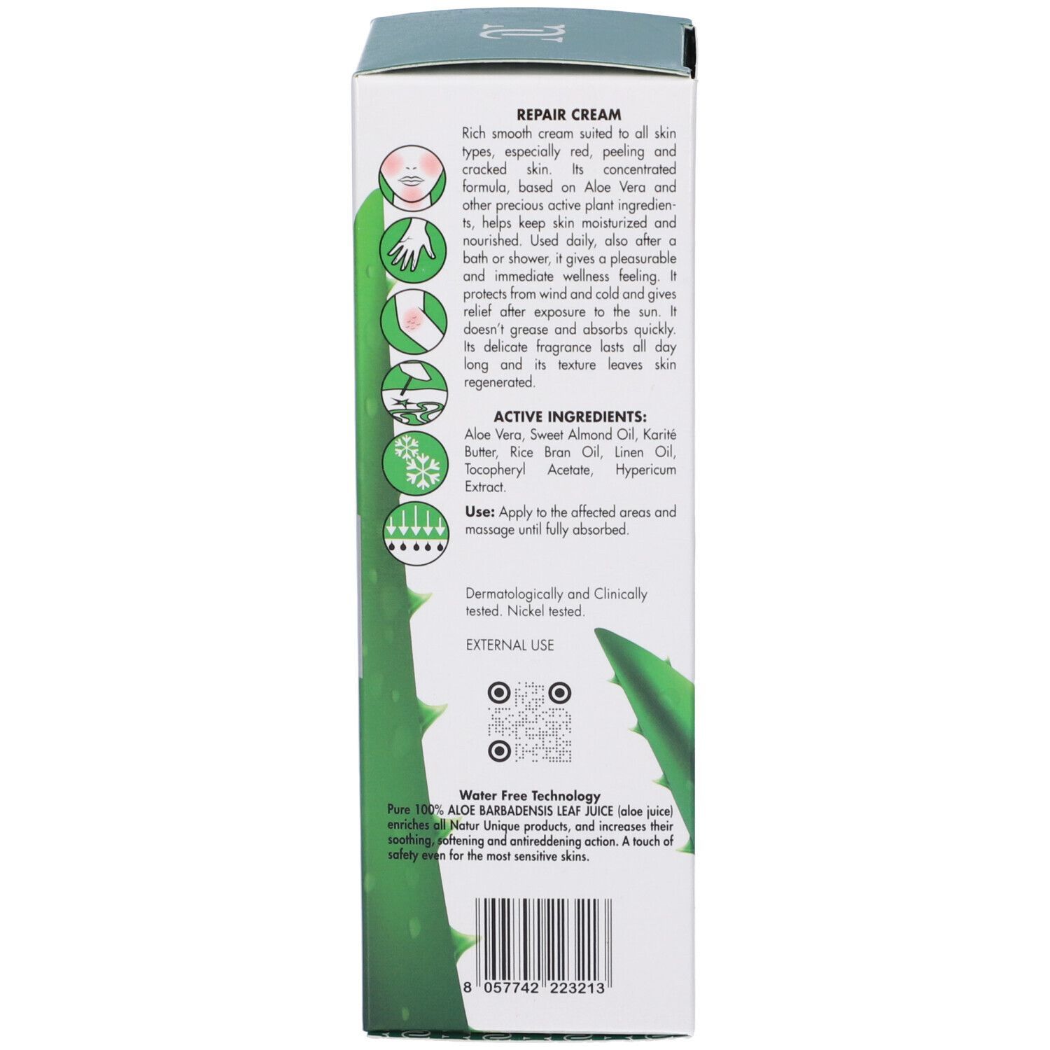 Retro della scatola. Testo in italiano e inglese. Ingredienti e istruzioni per l'uso. Confezione verde e bianca.