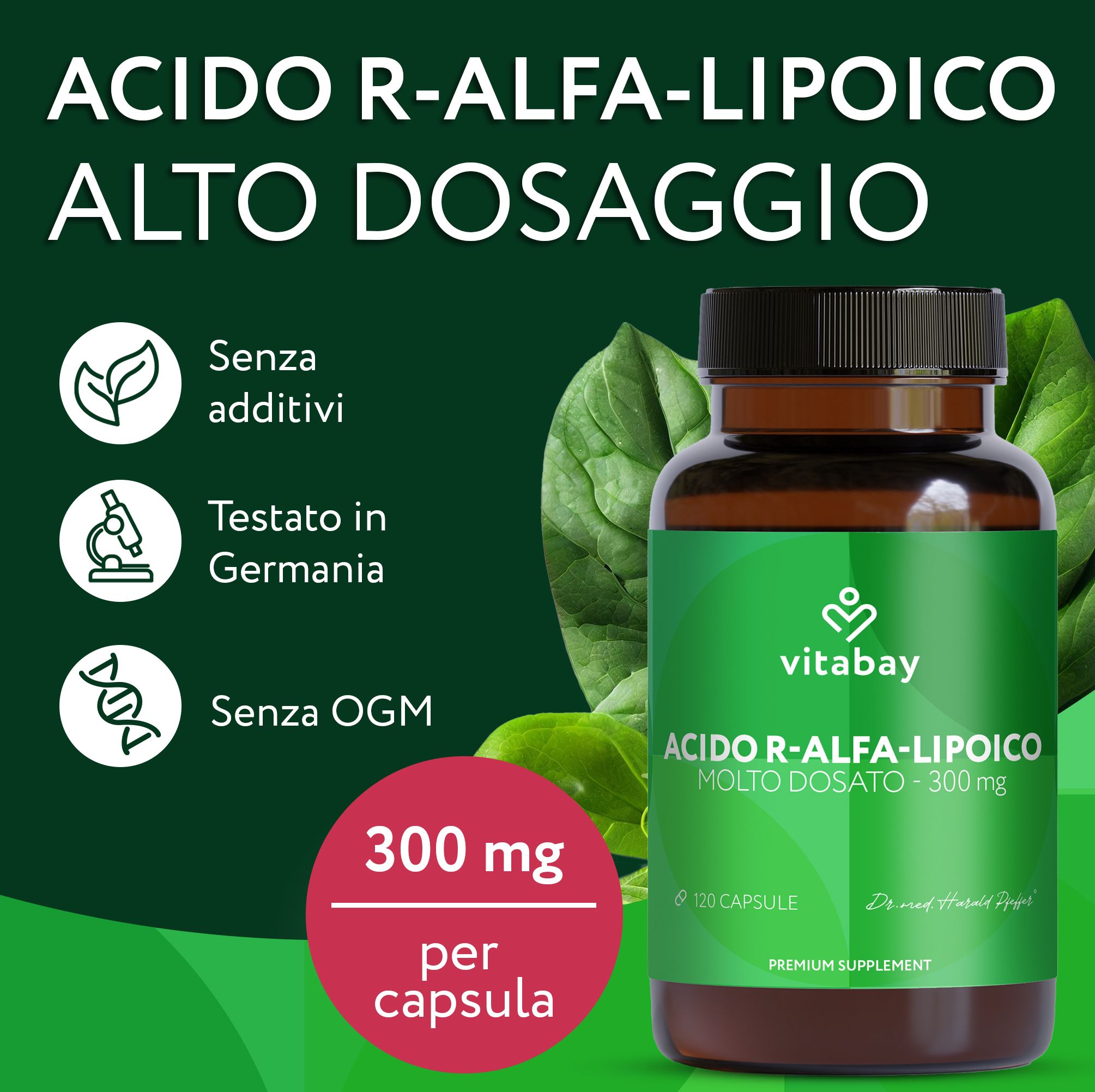 Flacone Vitabay R-Alpha-Liponsäure con sigilli e foglie.