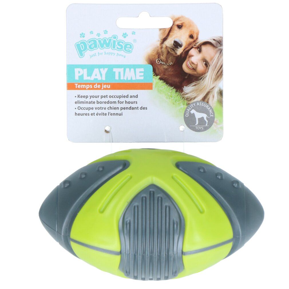 Giocattolo per cani verde e grigio a forma di pallone da football. Logo Pawise e "Play Time". Marchio di qualità.