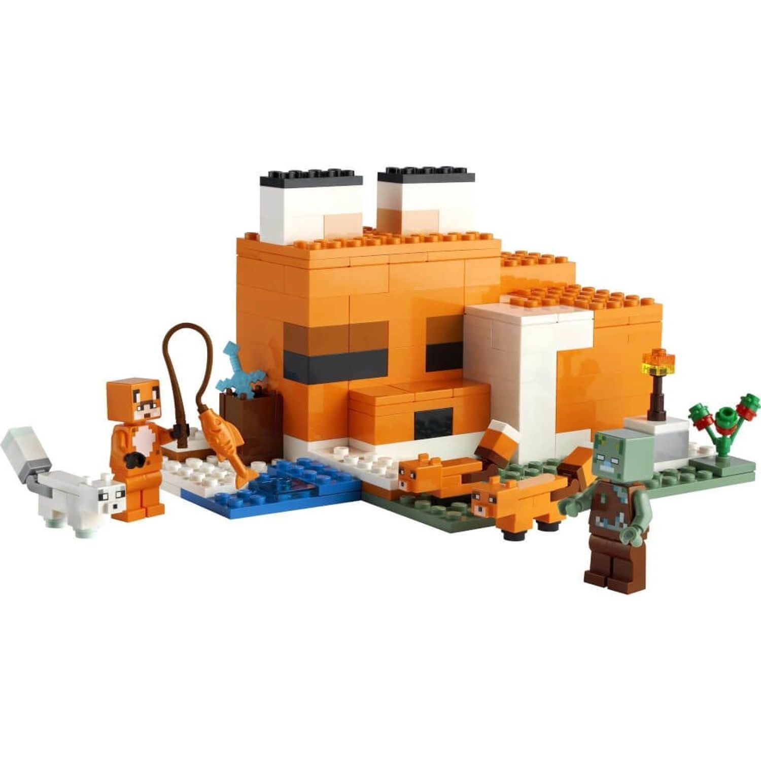 LEGO Minecraft 21178. Edificio arancione e bianco. Personaggi: volpe, zombie, volpi, volpe bianca. Su sfondo bianco.