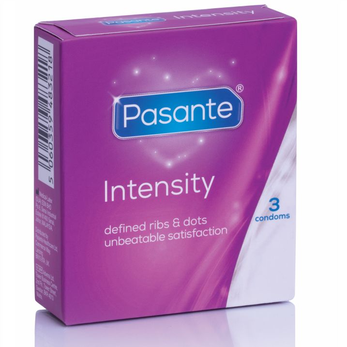 Confezione da 3 preservativi Pasante Intensity. Scatola viola con effetto scintillante e informazioni sul prodotto.