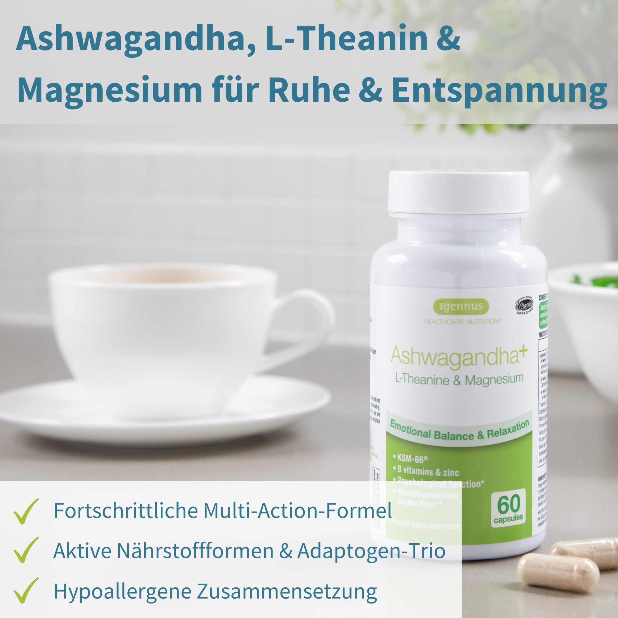Flacone Igennus Ashwagandha KSM-66 con L-Teanina & Magnesio, 60 capsule.