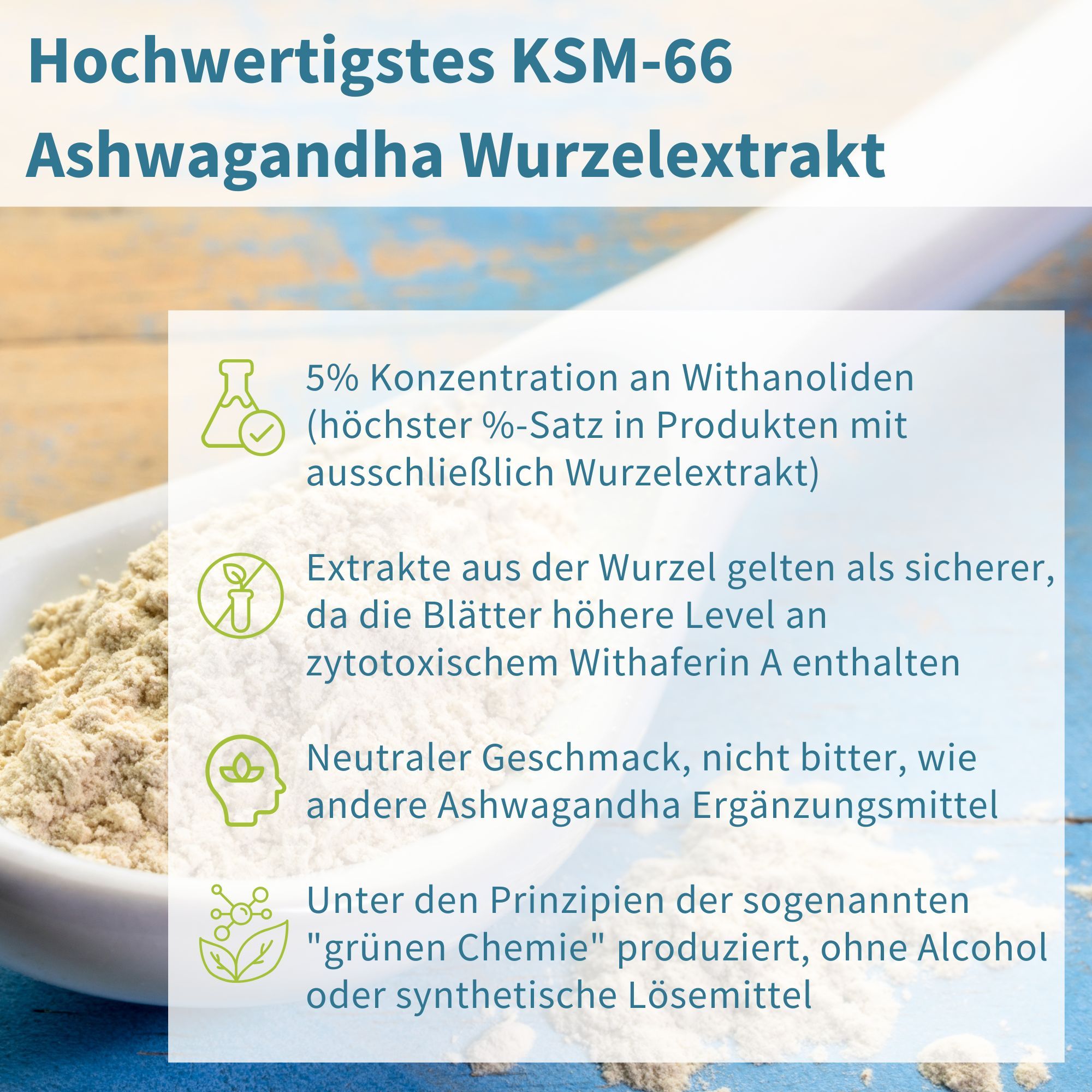 Polvere di estratto di radice di Ashwagandha KSM-66, 5% Withanolidi, gusto neutro.