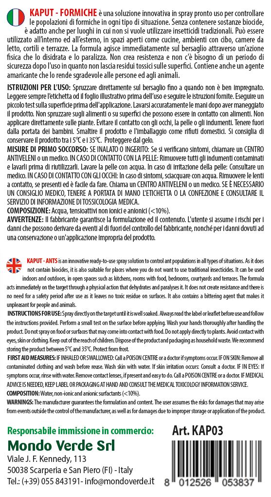 Testo su sfondo bianco. Informazioni su KAPUT! FORMICHE. Istruzioni, precauzioni, primo soccorso, composizione.