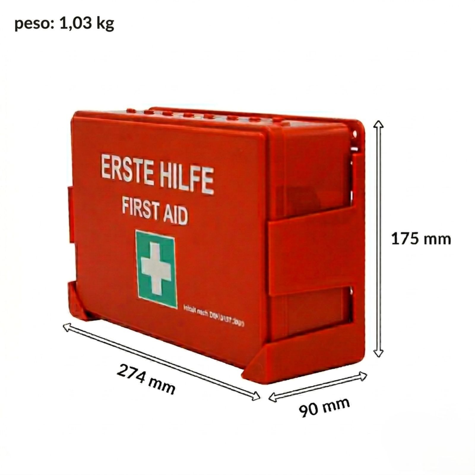 Cassetta di pronto soccorso rossa, 274x175x90mm. Peso: 1,03 kg. Scritta: Erste Hilfe/First Aid. Croce verde.