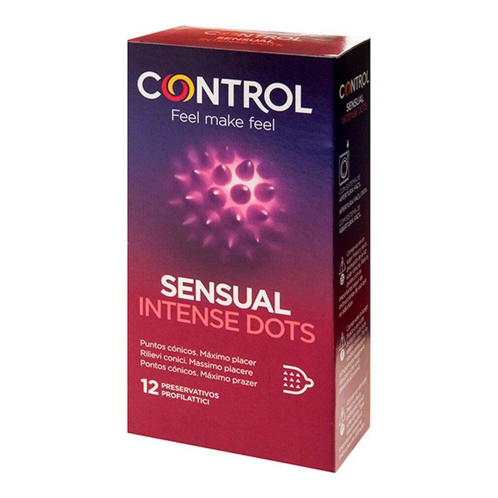 Confezione di CONTROL SENSUAL Intense Dots. Scatola rossa con nome del prodotto e immagine. 12 pezzi.
