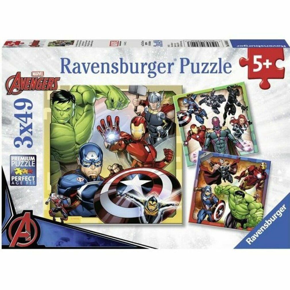 Puzzle Ravensburger Avengers, 3x49 pezzi. Confezione con tre puzzle, motivi Avengers. Età consigliata 5+.