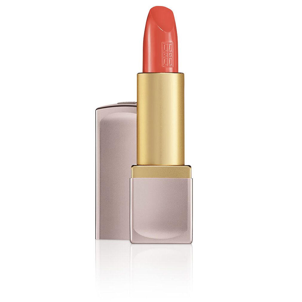 Rossetto corallo, aperto. Astuccio dorato e rosa. Scritta: Elizabeth Arden.