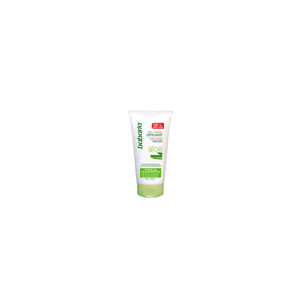 Tubo di gel esfoliante viso Babaria Aloe. Tubo bianco con tappo verde. Testo: 'Aloe', 'Gel Facial Exfoliante', '100% puro'.