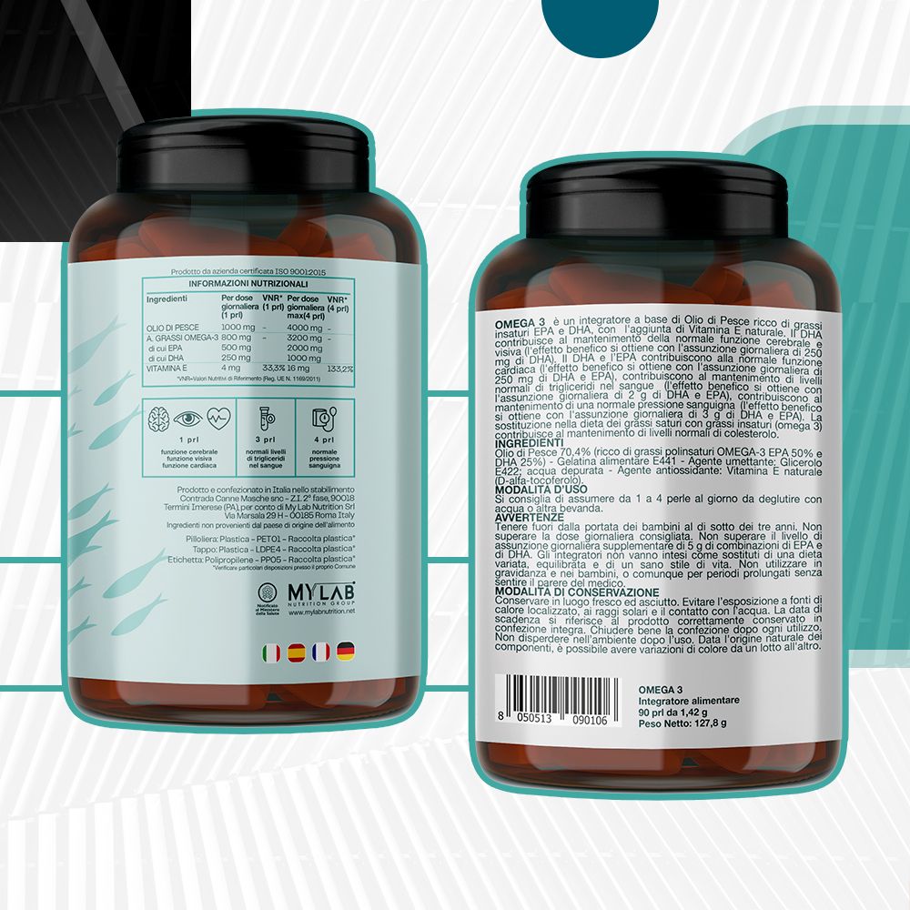 Due flaconi marroni di Omega 3. Scritta: Omega 3, T-Rex Integratori. Retro: informazioni nutrizionali, ingredienti, istruzioni per l'uso.