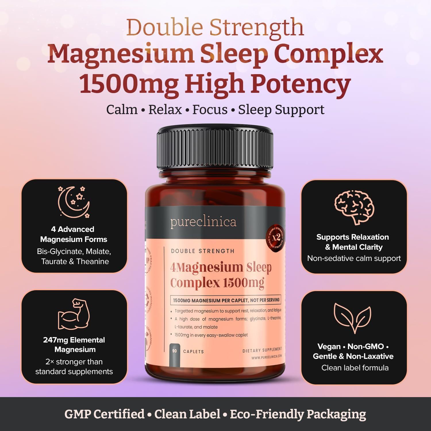Flacone marrone, tappo nero. Etichetta 'Double Strength Magnesium Sleep Complex 1500mg'. 4 forme di magnesio, 247mg magnesio elementare.