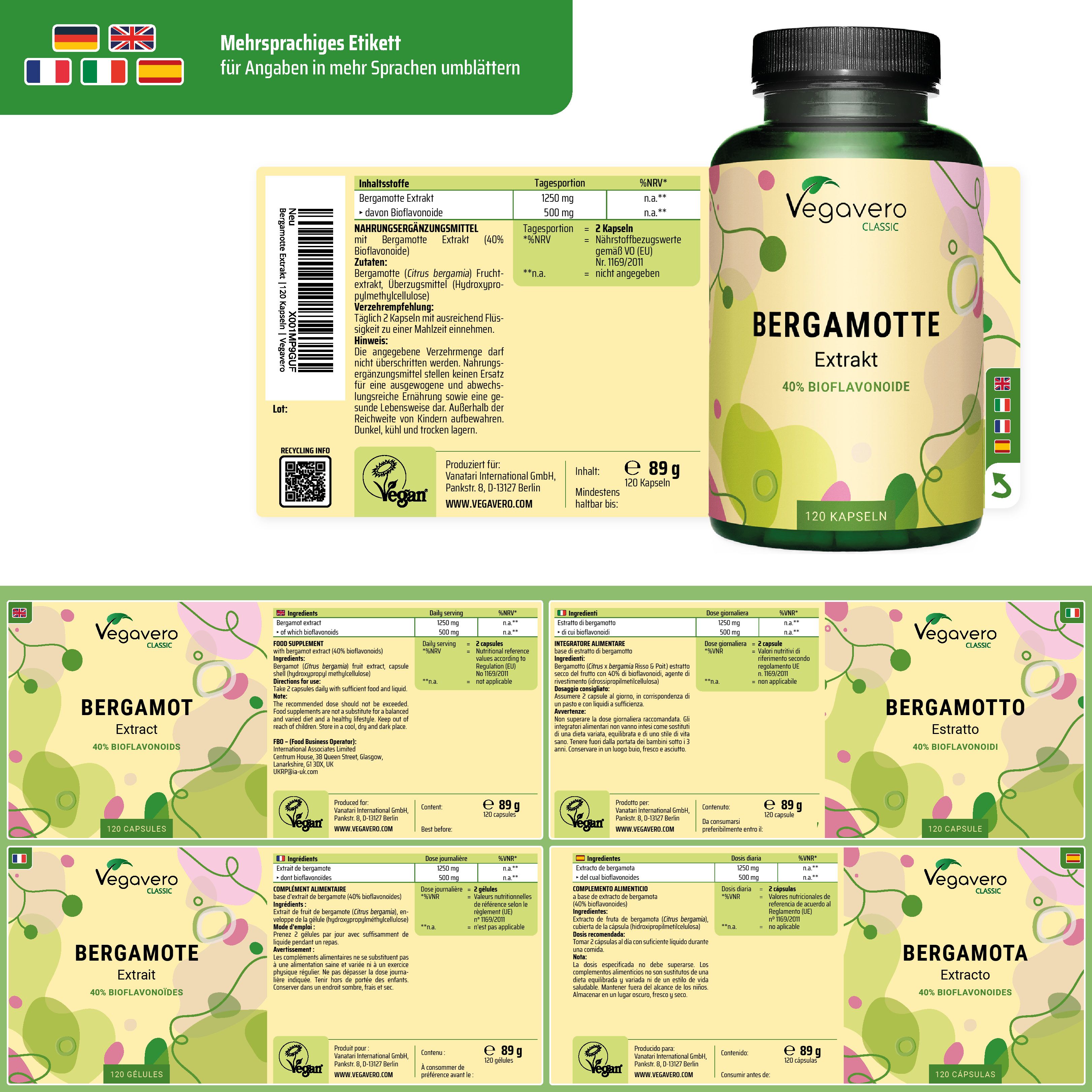 Etichetta multilingue con informazioni sul prodotto. Bottiglia di Bergamotte Extrakt, 120 capsule. Diverse etichette con informazioni.