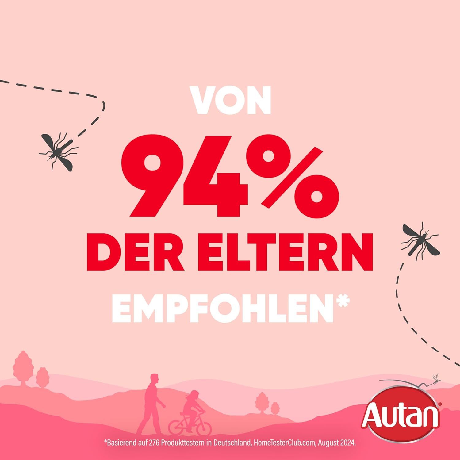 Raccomandato dal 94% dei genitori. Logo Autan. Testo e illustrazioni su sfondo rosa.