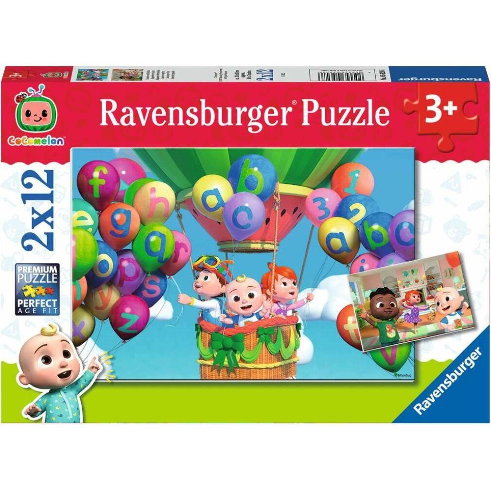 Puzzle Ravensburger 2x12 pezzi, tema Cocomelon. Confezione con immagine del puzzle e personaggi Cocomelon in mongolfiera.