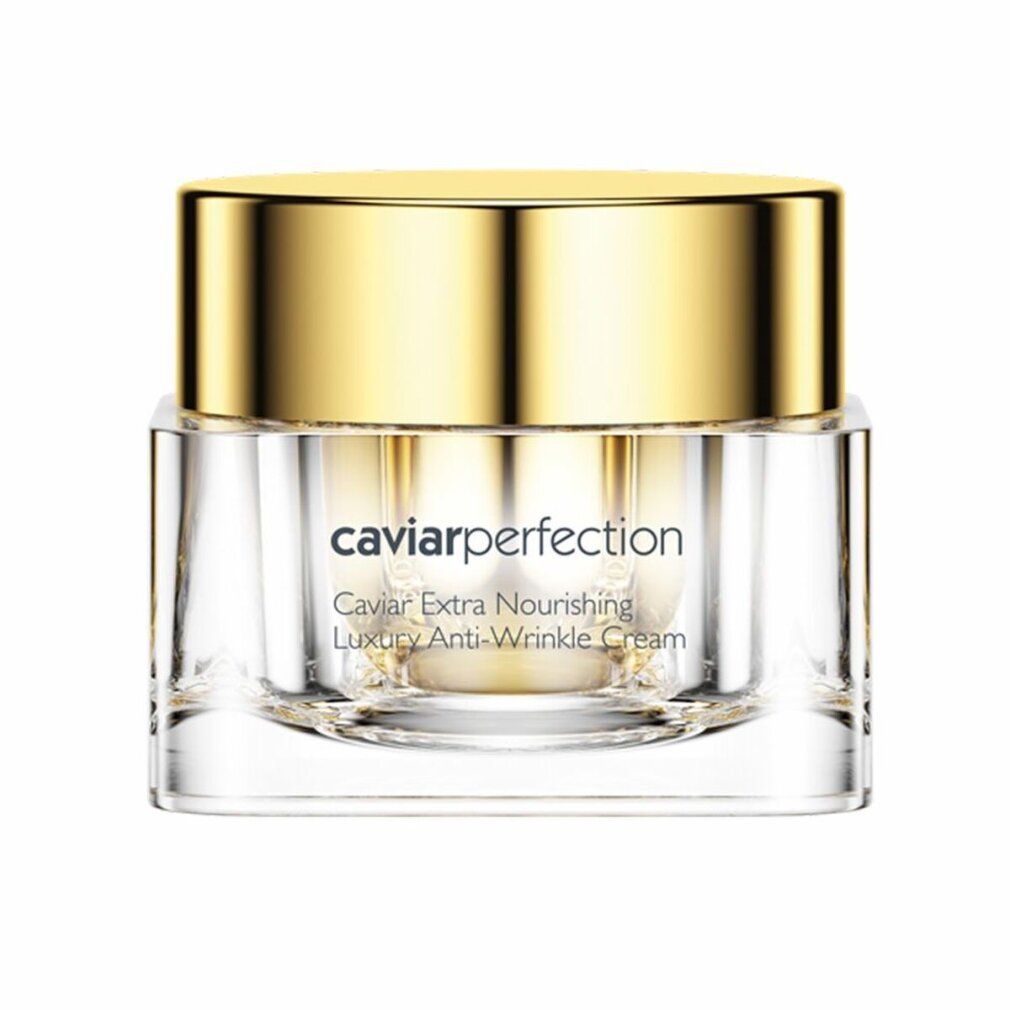 Vasetto di crema con coperchio dorato. Scritta: caviarperfection, Caviar Extra Nourishing Luxury Anti-Wrinkle Cream.
