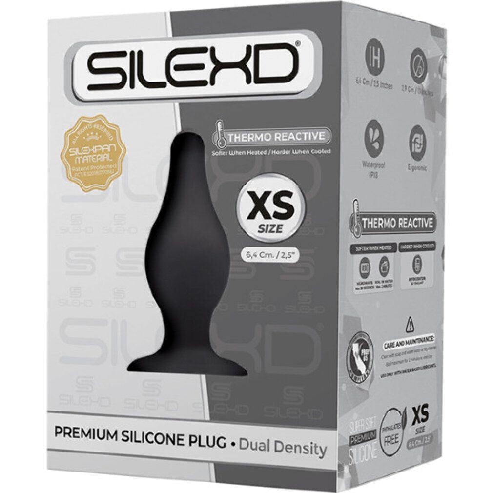 Plug anale nero in confezione. Marchio SILEXD, taglia XS, 6,4 cm. Silicone premium, doppia densità. Thermo Reactive.