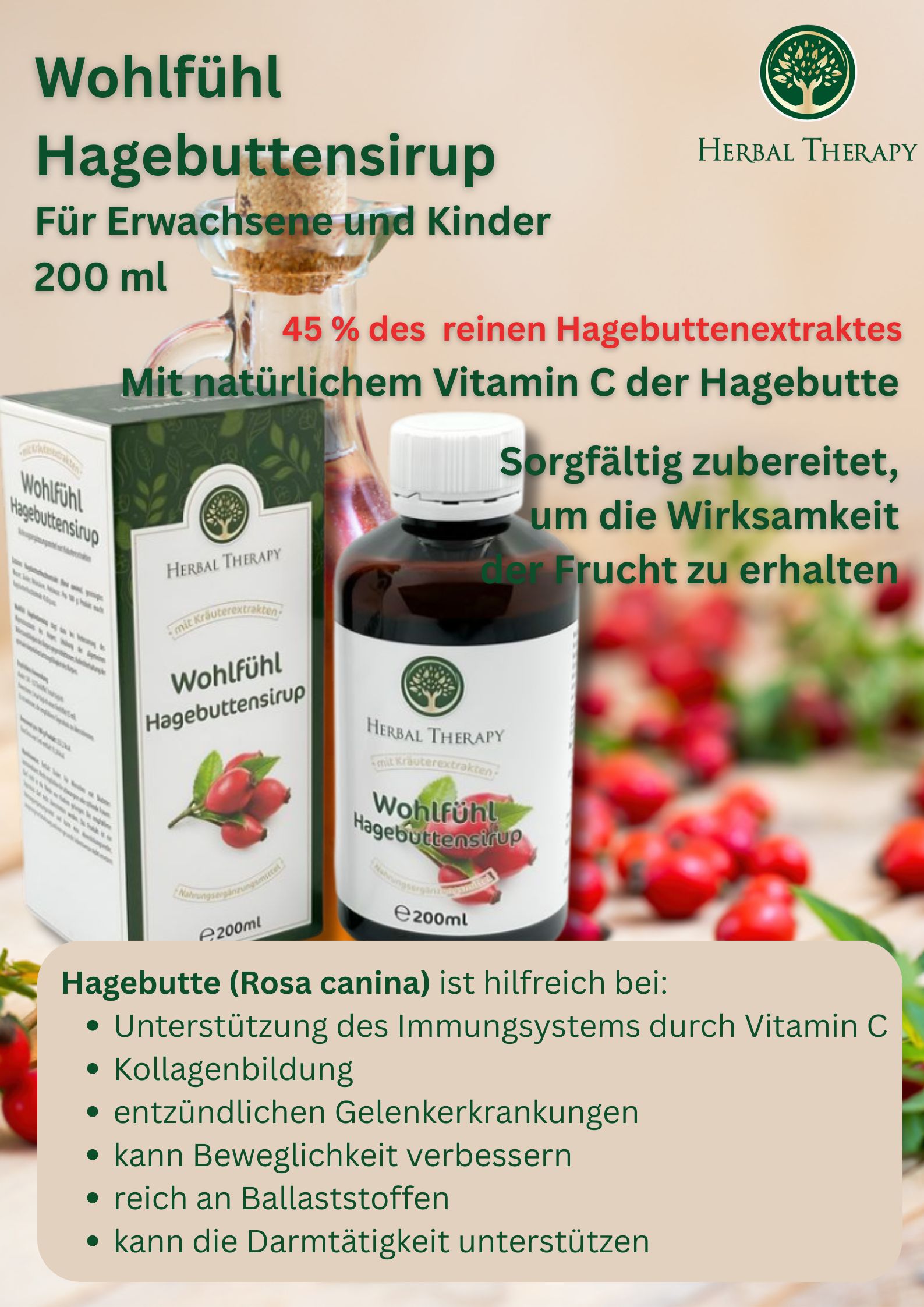 Bottiglia e scatola con scritta del prodotto Wohlfühl Hagebuttensirup. Scritta Herbal Therapy. Informazioni aggiuntive e rosa canina.