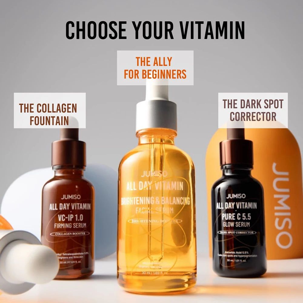 Tre sieri vitaminici JUMISO: VC-IP 1.0 Firming Serum, Brightening & Balancing Serum, Pure C 5.5 Glow Serum.
